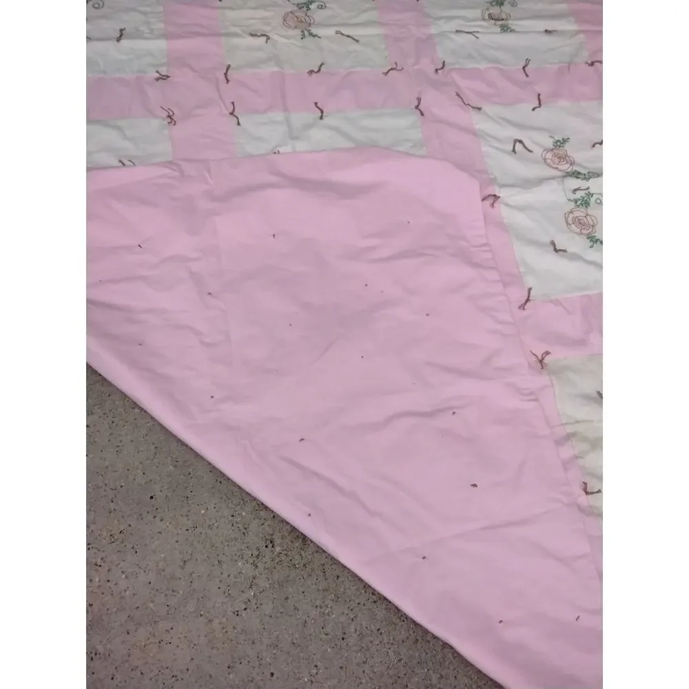 Handmade and Hand Embroidered with Flowers PinkQuilt Throw 76